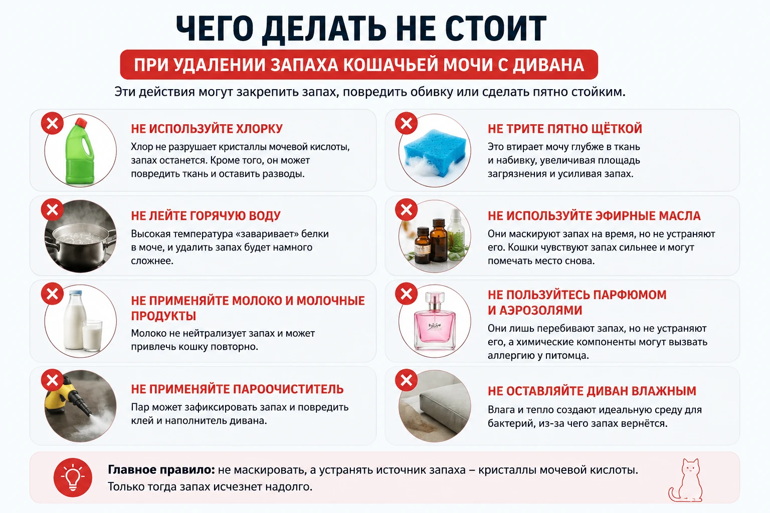 Чего делать не стоит при удалении запаха кошачьей мочи с дивана