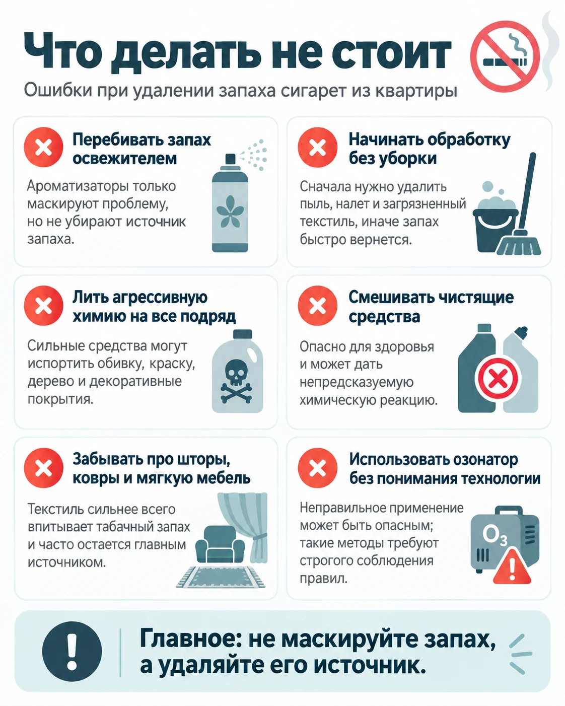 Что делать не стоит при удалении запаха сигарет из квартиры