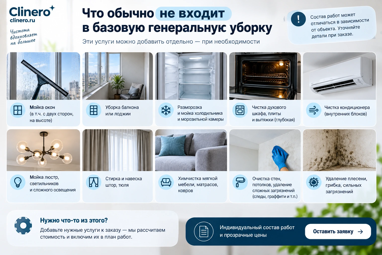 Что обычно не входит в базовую генеральную уборку