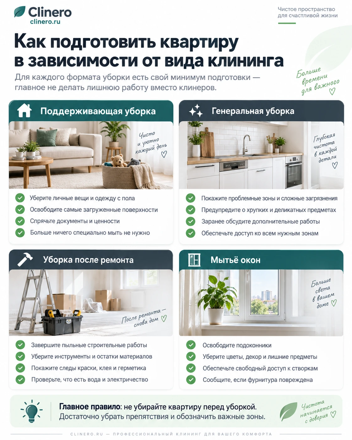 Как подготовить квартиру в зависимости от вида клининга