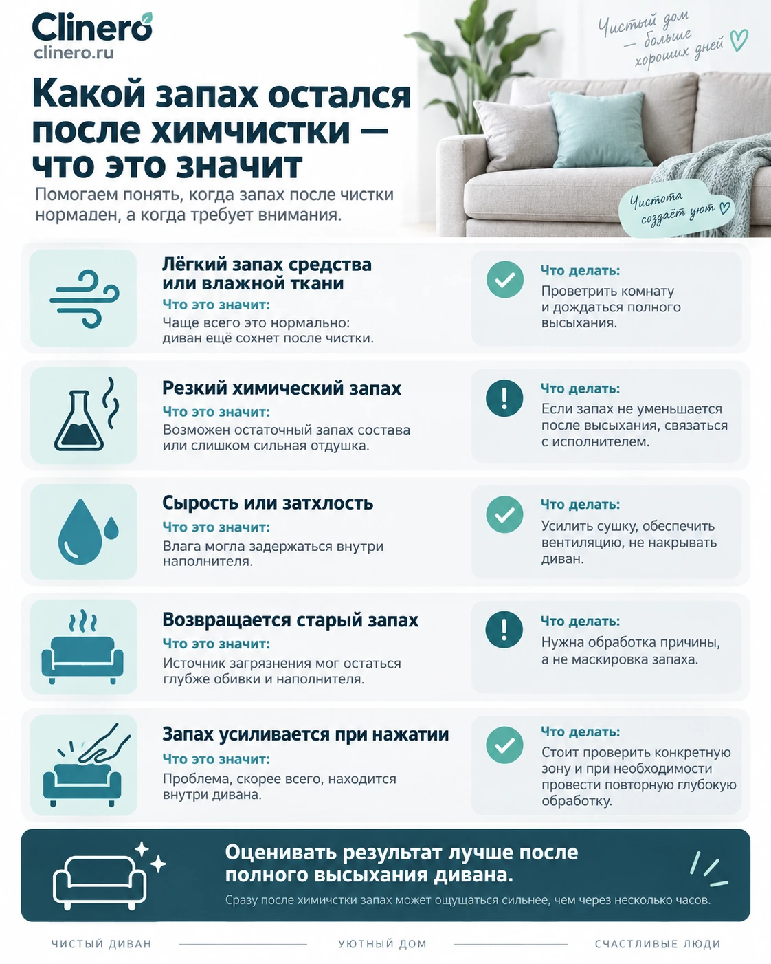 Какой запах остался после химчистки дивана и что он означает