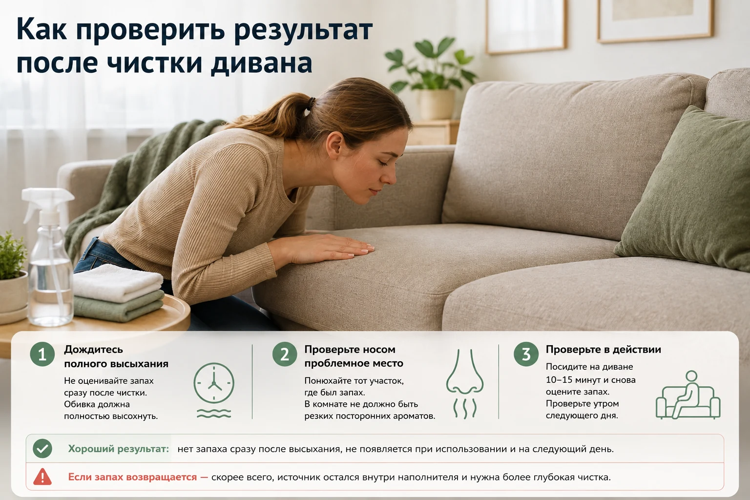 Как проверить результат после чистки дивана и убедиться, что запах собаки полностью удален