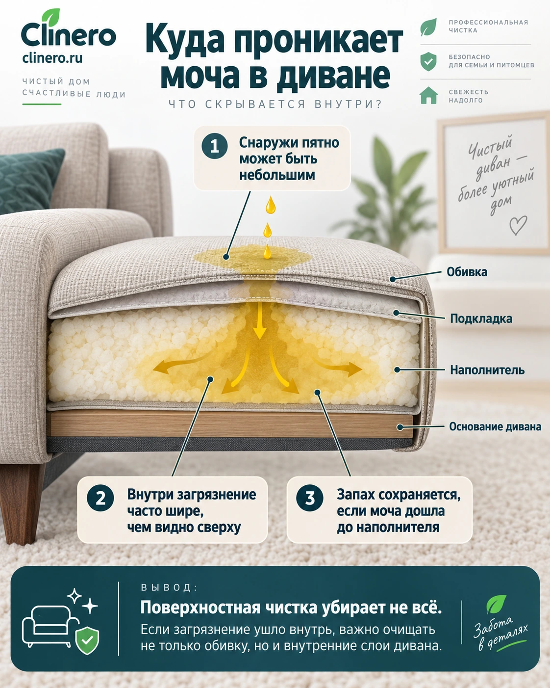 Куда проникает моча внутри дивана
