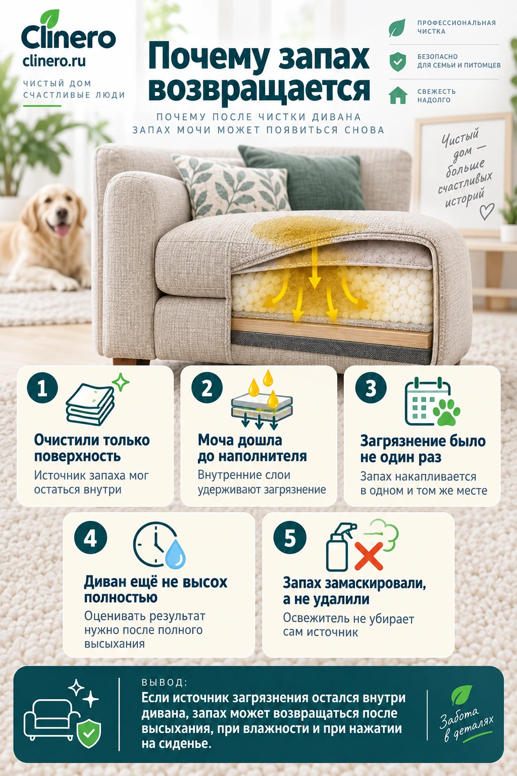 Почему запах мочи возвращается после чистки дивана