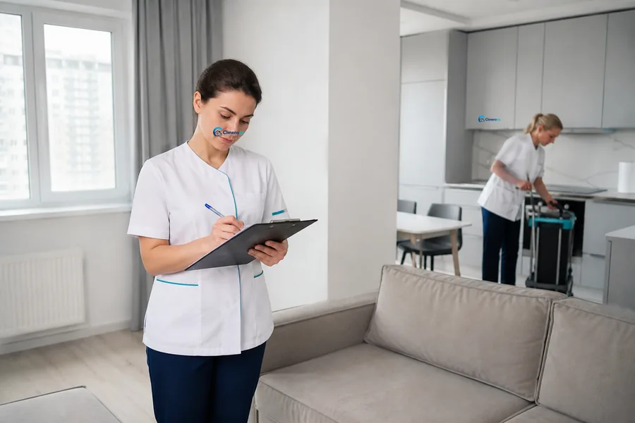 Специалист Clinero выполняет химчистку мягкой мебели