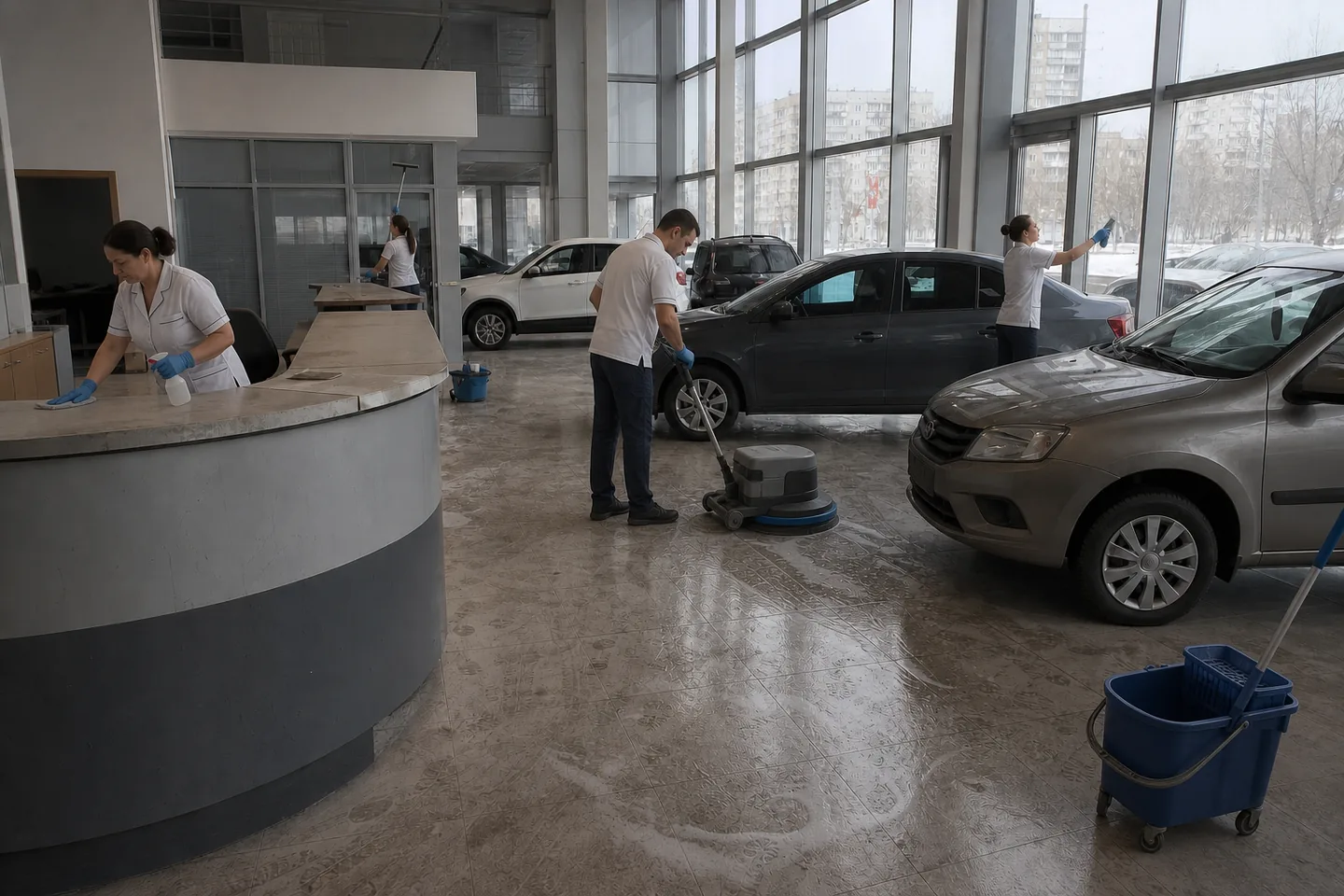 Регулярная уборка автосалона: в процессе