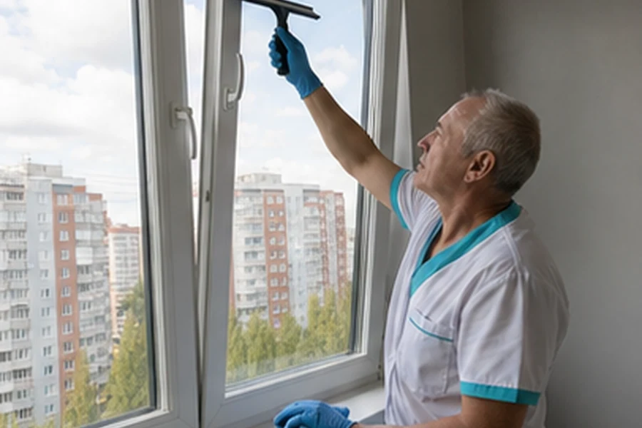 Специалист Clinero моет окна профессиональным инвентарем